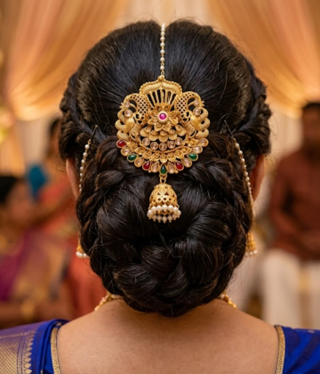 Traditional Gold-Plated Kemp Stone Peacock Hair Choti Billa Bridal Hair Brooch with Jhumka Drop for Bharatanatyam Kuchipudi Wedding Bridal Juda Braid Accessories for Women image 1