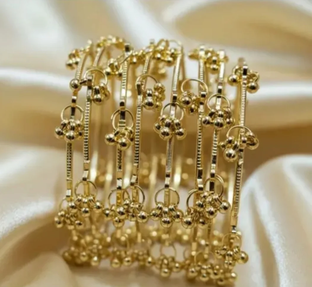 Traditional Latkan Ghungroo Kada Bangles for Women Antique Oxidized Gold Plated Ethnic Bracelet Pair with Hanging Ghungroo Bells for Saree Lehenga Wedding Party Festive Jewellery| Pack Of 8 Kada Bangles 2.4 image 5