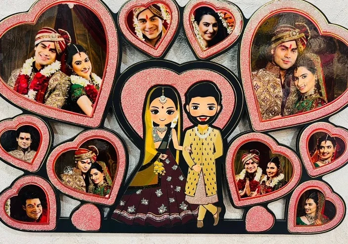 Personalized Multi Photo Heart Collage Frame with Cute Wedding Caricature image 1