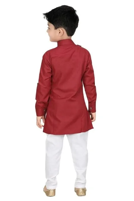 Traditional Ethnic Wear Men’s Two Side Front Button Kurta with White Pyjama Set | Indian Festive Kurta Pajama for Wedding Party Puja Casual Ethnic Functions Mehroon 8-9 Y image 1