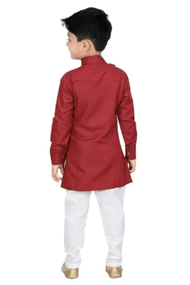 Traditional Ethnic Wear Men’s Two Side Front Button Kurta with White Pyjama Set | Indian Festive Kurta Pajama for Wedding Party Puja Casual Ethnic Functions Mehroon 9-10 Y thumbnail 1