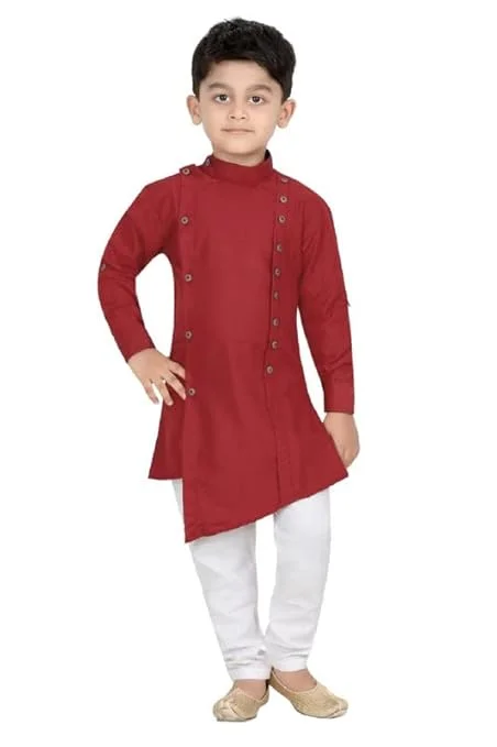 Traditional Ethnic Wear Men’s Two Side Front Button Kurta with White Pyjama Set | Indian Festive Kurta Pajama for Wedding Party Puja Casual Ethnic Functions Mehroon 10-11 Y image 1