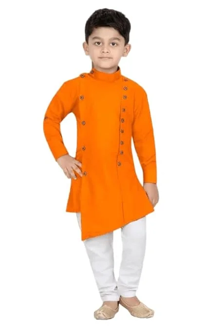 Traditional Ethnic Wear Men’s Two Side Front Button Kurta with White Pyjama Set | Indian Festive Kurta Pajama for Wedding Party Puja Casual Ethnic Functions Orange 8-9 Y image 1