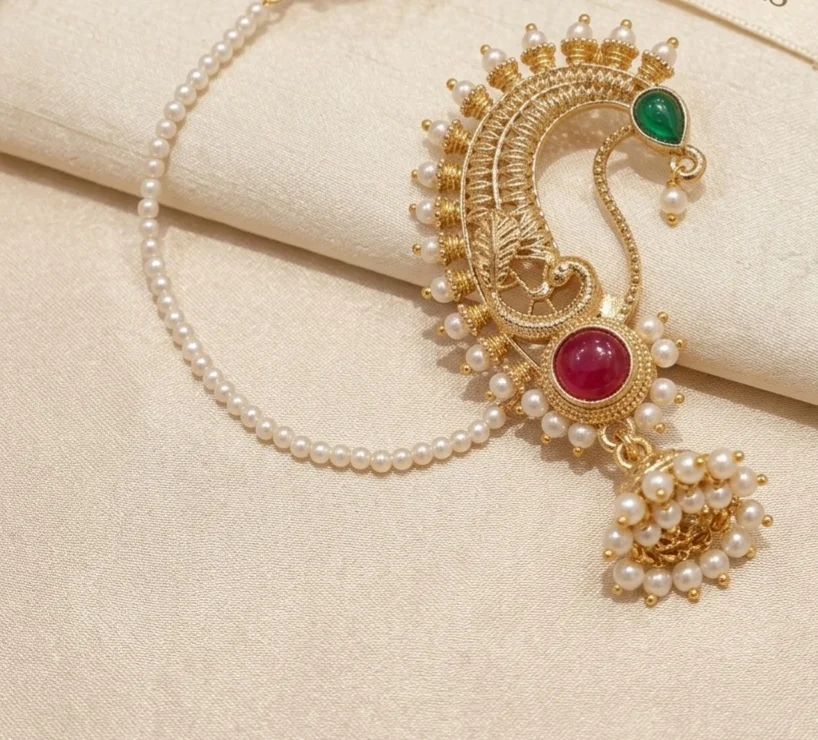 Matching Kemp and Pearl Peacock Ear Stud Set Traditional Gold Plated Ethnic Ear Pins for Women South Indian Temple Jewellery Bridal Wedding Festive Saree and Lehenga Wear Accessories image 2
