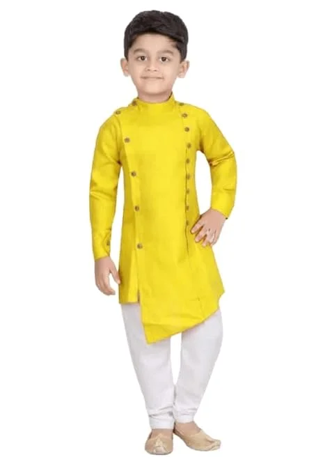 Traditional Ethnic Wear Men’s Two Side Front Button Kurta with White Pyjama Set | Indian Festive Kurta Pajama for Wedding Party Puja Casual Ethnic Functions Yellow 8-9 Y image 1