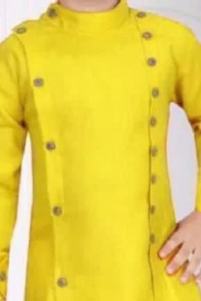 Traditional Ethnic Wear Men’s Two Side Front Button Kurta with White Pyjama Set | Indian Festive Kurta Pajama for Wedding Party Puja Casual Ethnic Functions Yellow 9-10 Y image 2
