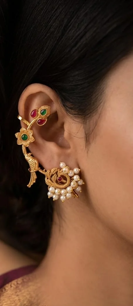 Traditional Kemp Stone Full Ear Crawler Cuff Earrings Gold Plated South Indian Temple Jewellery Statement Ear Climber for Women Bridal Wedding Festive Saree Lehenga Ethnic Wear Accessories India image 2