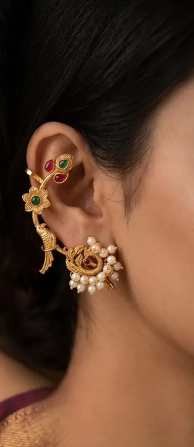 Traditional Kemp Stone Full Ear Crawler Cuff Earrings Gold Plated South Indian Temple Jewellery Statement Ear Climber for Women Bridal Wedding Festive Saree Lehenga Ethnic Wear Accessories India thumbnail 1