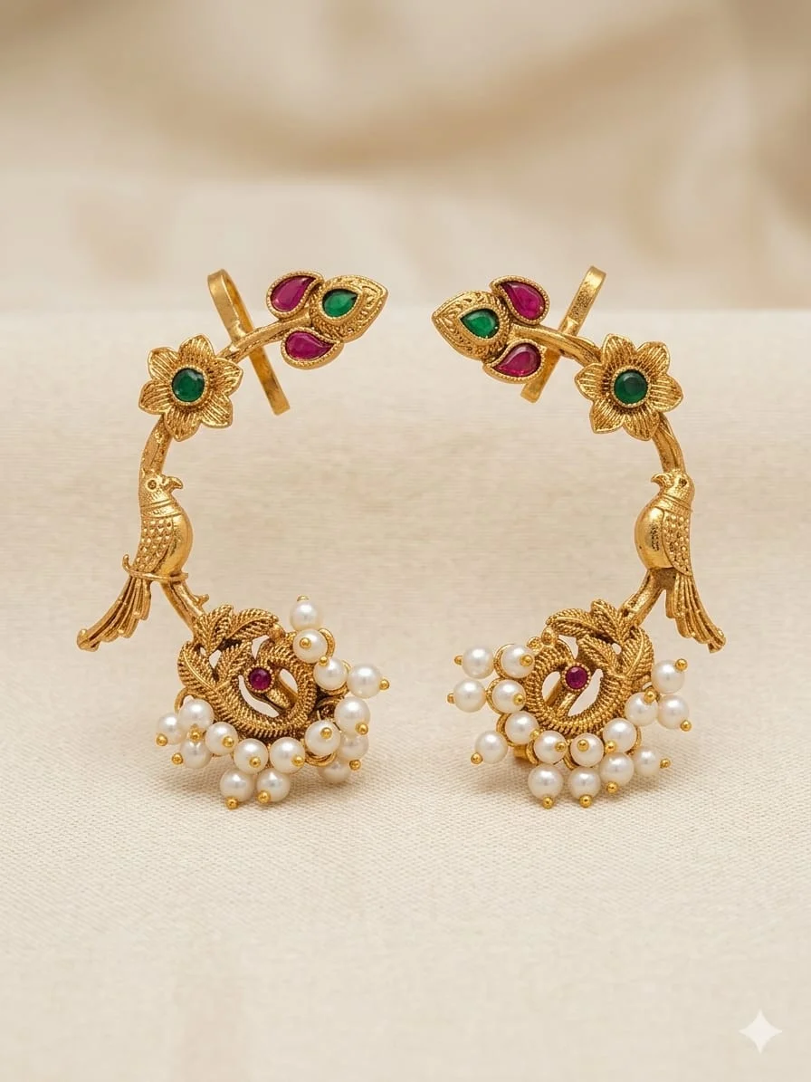 Traditional Kemp Stone Full Ear Crawler Cuff Earrings Gold Plated South Indian Temple Jewellery Statement Ear Climber for Women Bridal Wedding Festive Saree Lehenga Ethnic Wear Accessories India image 3