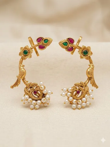 Traditional Kemp Stone Full Ear Crawler Cuff Earrings Gold Plated South Indian Temple Jewellery Statement Ear Climber for Women Bridal Wedding Festive Saree Lehenga Ethnic Wear Accessories India thumbnail 2
