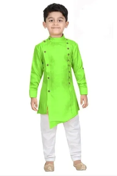 Traditional Ethnic Wear Men’s Two Side Front Button Kurta with White Pyjama Set Cotton Blend Festive Wedding Party Kurta Pajama Ethnic Dress for Men Regular Fit Indian Traditional Outfit Green 3-4 Y thumbnail 0