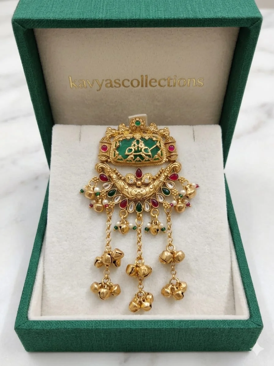 Antique Green Stone Hair Choti Billa with Latkan Gold Plated Traditional Temple Jewellery Bridal Hair Brooch for Women Wedding Festive Saree Lehenga Juda Braid Accessories India image 2