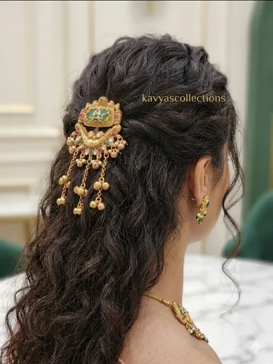 Antique Green Stone Hair Choti Billa with Latkan Gold Plated Traditional Temple Jewellery Bridal Hair Brooch for Women Wedding Festive Saree Lehenga Juda Braid Accessories India thumbnail 2