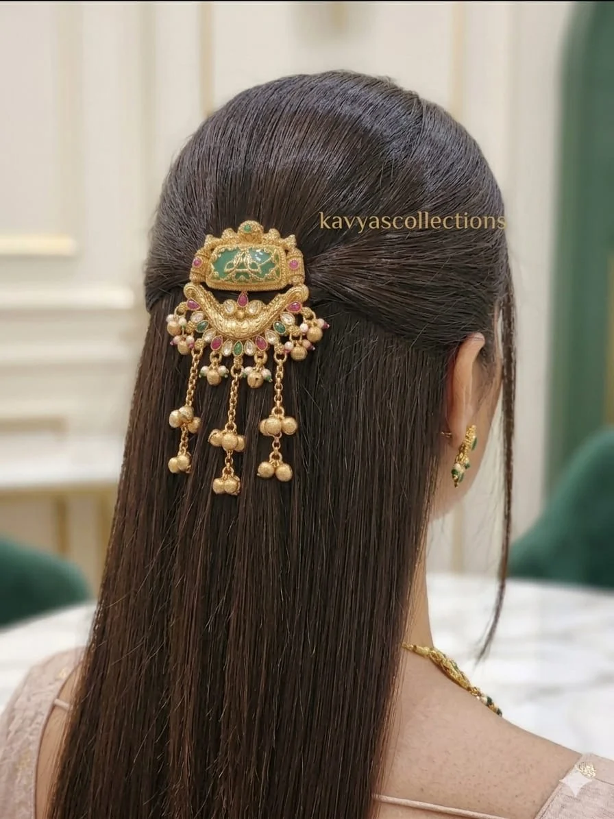 Antique Green Stone Hair Choti Billa with Latkan Gold Plated Traditional Temple Jewellery Bridal Hair Brooch for Women Wedding Festive Saree Lehenga Juda Braid Accessories India image 4