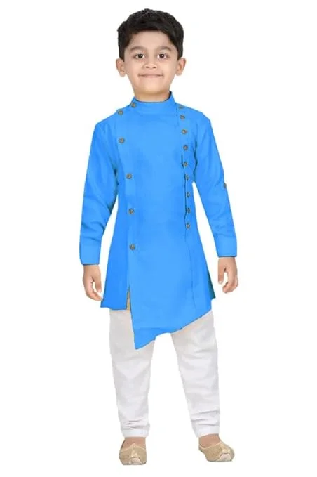 Traditional Ethnic Wear Men’s Two Side Front Button Kurta with White Pyjama Set Cotton Blend Festive Wedding Party Kurta Pajama Ethnic Dress for Men Regular Fit Indian Traditional Outfit Sky Blue 2-3 Y image 1