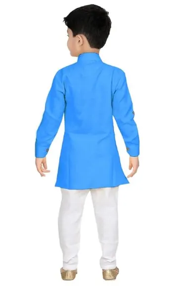 Traditional Ethnic Wear Men’s Two Side Front Button Kurta with White Pyjama Set Cotton Blend Festive Wedding Party Kurta Pajama Ethnic Dress for Men Regular Fit Indian Traditional Outfit Sky Blue 7-8 Y thumbnail 1