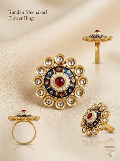 Adjustable Bridal Kundan Cocktail Ring Gold Plated Traditional Indian Ethnic Finger Ring for Women Wedding Party Festive Wear Statement Jewellery for Saree Lehenga Engagement Functions thumbnail 1