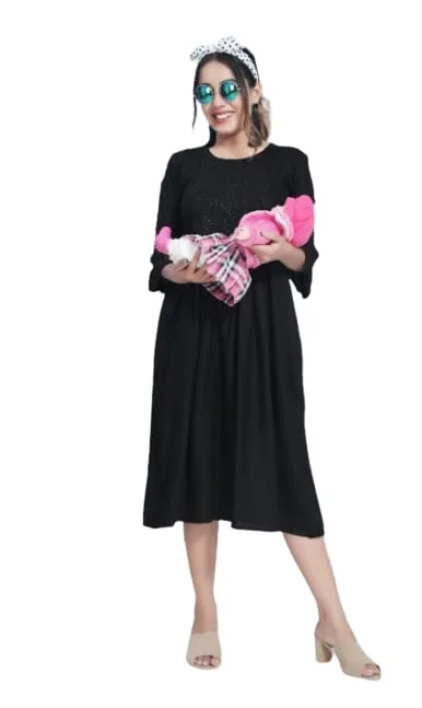 Women’s Cotton Rayon A-Line Maternity Dress with Feeding Zippers for Breastfeeding Mothers Soft Pregnancy Kurti for Daily Wear Office Home Baby Nursing Dress Black XXL image 1
