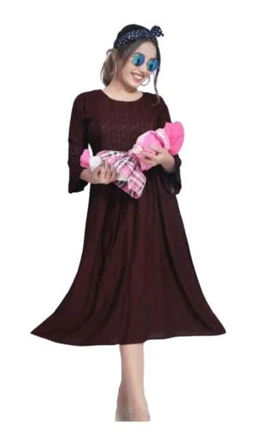 Women’s Cotton Rayon A-Line Maternity Dress with Feeding Zippers for Breastfeeding Mothers Soft Pregnancy Kurti for Daily Wear Office Home Baby Nursing Dress Coffe Brown L image 1