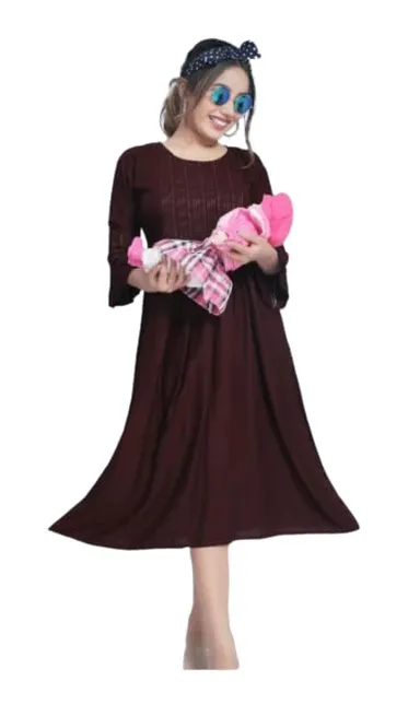 Women’s Cotton Rayon A-Line Maternity Dress with Feeding Zippers for Breastfeeding Mothers Soft Pregnancy Kurti for Daily Wear Office Home Baby Nursing Dress Coffe Brown XL thumbnail 0