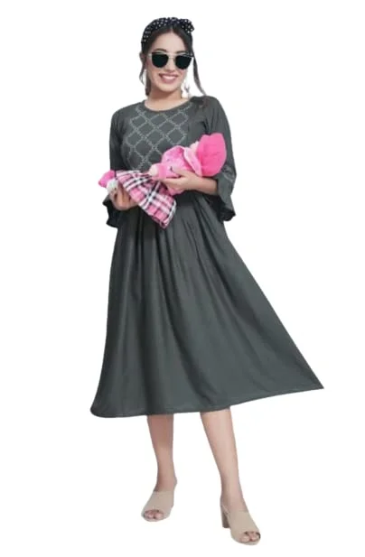 Women’s Cotton Rayon A-Line Maternity Dress with Feeding Zippers for Breastfeeding Mothers Soft Pregnancy Kurti for Daily Wear Office Home Baby Nursing Dress Dark Grey XXL image 1