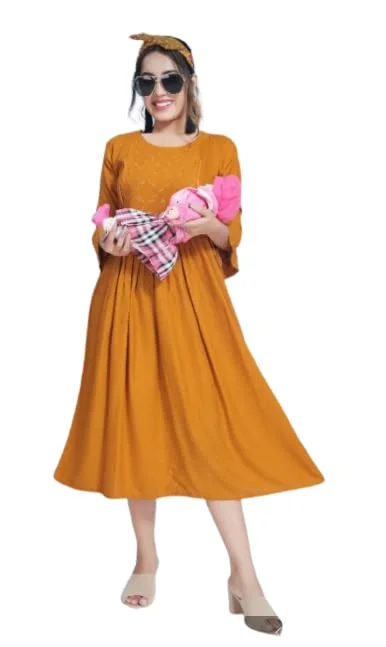 Women’s Cotton Rayon A-Line Maternity Dress with Feeding Zippers for Breastfeeding Mothers Soft Pregnancy Kurti for Daily Wear Office Home Baby Nursing Dress Gold XXL image 1