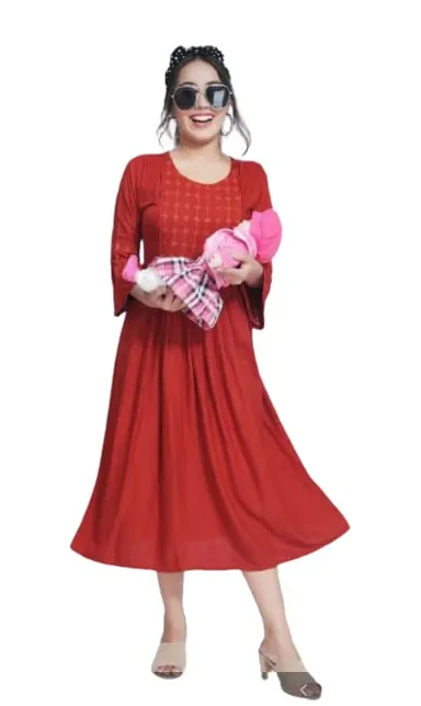 Women’s Cotton Rayon A-Line Maternity Dress with Feeding Zippers for Breastfeeding Mothers Soft Pregnancy Kurti for Daily Wear Office Home Baby Nursing Dress Hot Red XXL thumbnail 0