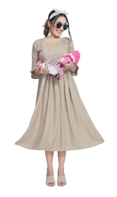 Women’s Cotton Rayon A-Line Maternity Dress with Feeding Zippers for Breastfeeding Mothers Soft Pregnancy Kurti for Daily Wear Office Home Baby Nursing Dress Light Grey XXL image 1