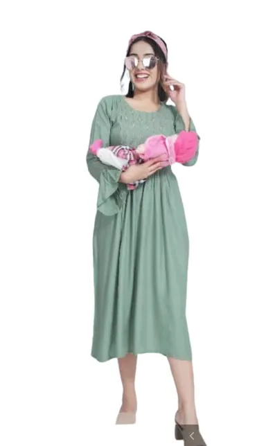 Women’s Cotton Rayon A-Line Maternity Dress with Feeding Zippers for Breastfeeding Mothers Soft Pregnancy Kurti for Daily Wear Office Home Baby Nursing Dress Pista XXL thumbnail 0