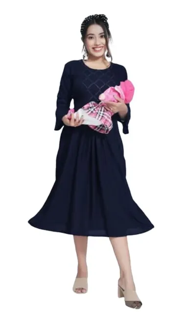 Women’s Cotton Rayon A-Line Maternity Dress with Feeding Zippers for Breastfeeding Mothers Soft Pregnancy Kurti for Daily Wear Office Home Baby Nursing Dress Royal Blue XL thumbnail 0