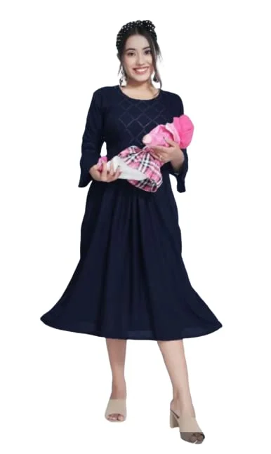 Women’s Cotton Rayon A-Line Maternity Dress with Feeding Zippers for Breastfeeding Mothers Soft Pregnancy Kurti for Daily Wear Office Home Baby Nursing Dress Royal Blue XXL image 1