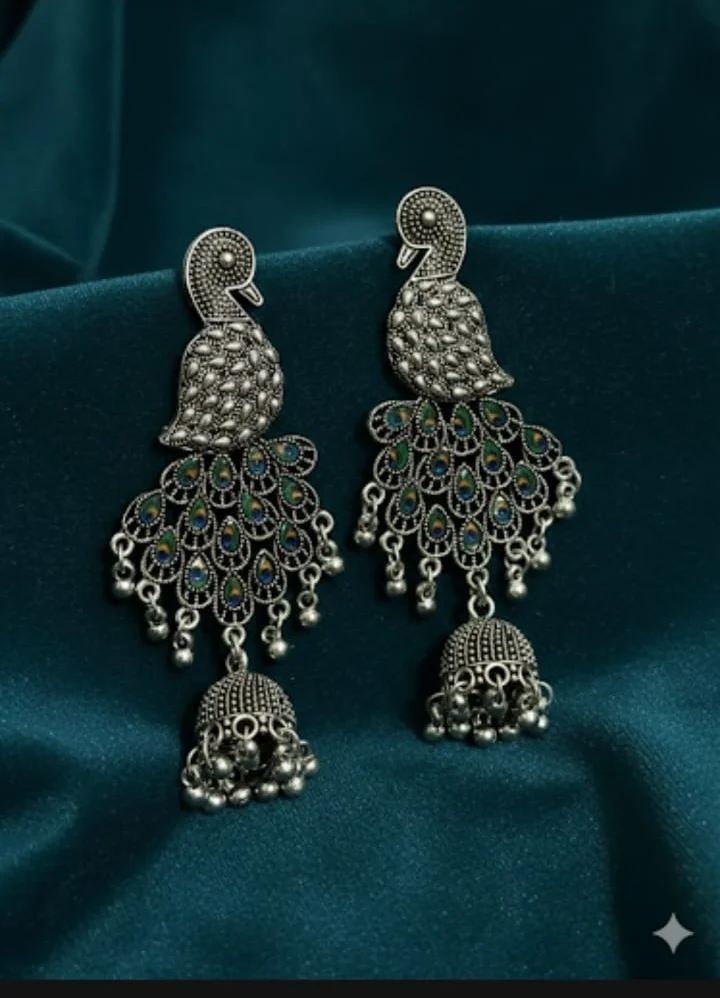 Oxidised Silver Peacock Jhumka Earrings with Meenakari Work for Women Traditional Ethnic Temple Style Hanging Drop Earrings Lightweight Party Wedding Festive Jewellery image 2