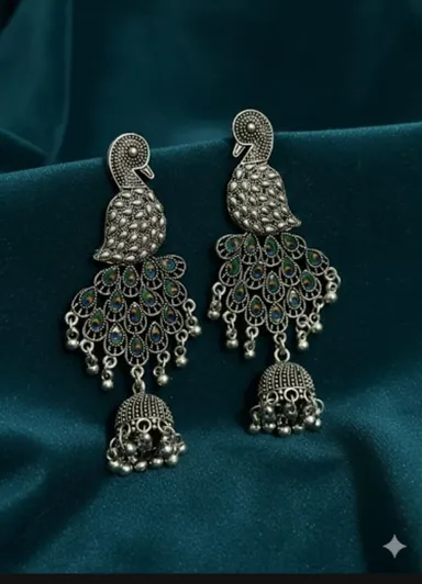 Oxidised Silver Peacock Jhumka Earrings with Meenakari Work for Women Traditional Ethnic Temple Style Hanging Drop Earrings Lightweight Party Wedding Festive Jewellery thumbnail 1