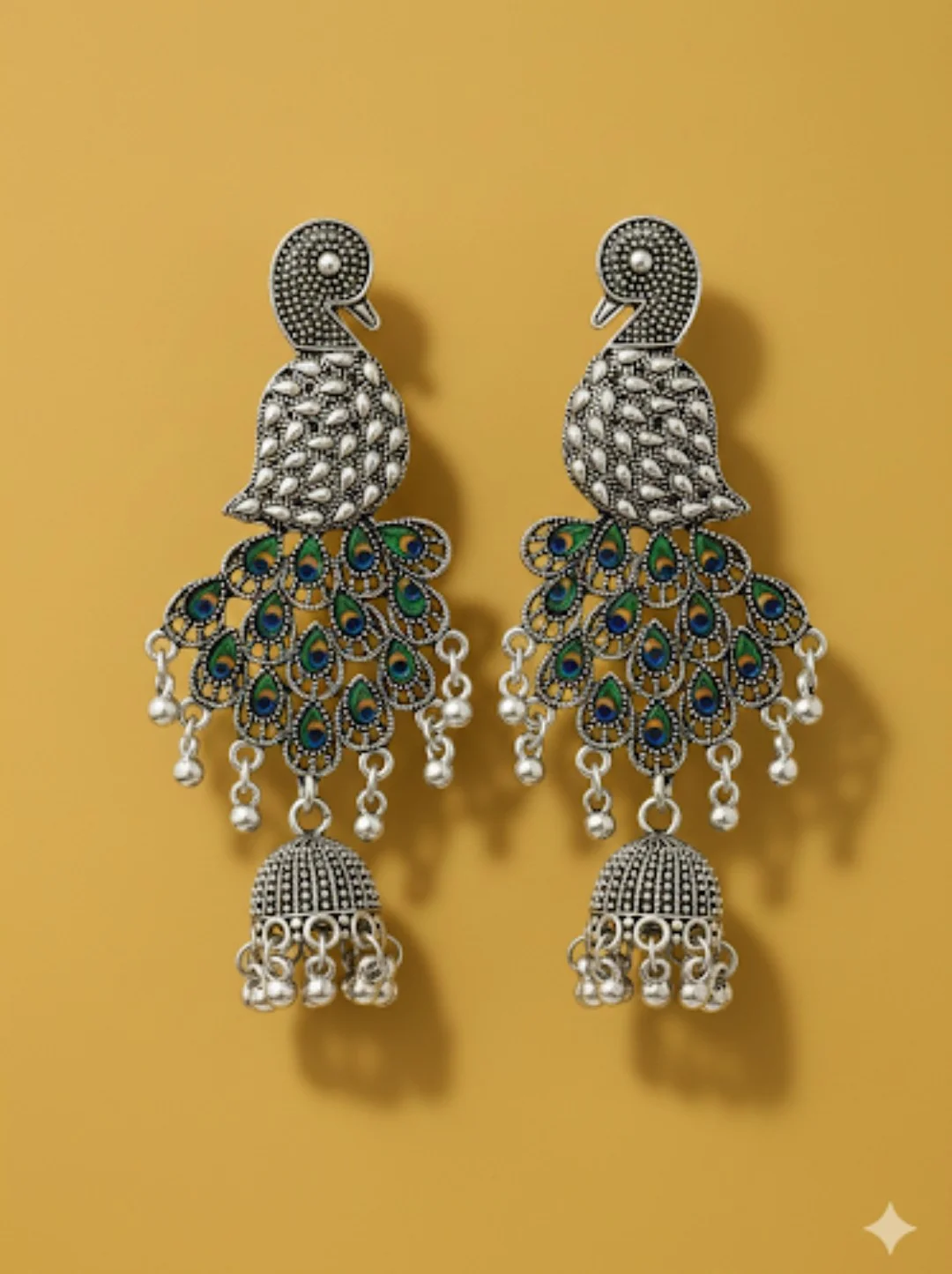 Oxidised Silver Peacock Jhumka Earrings with Meenakari Work for Women Traditional Ethnic Temple Style Hanging Drop Earrings Lightweight Party Wedding Festive Jewellery image 1
