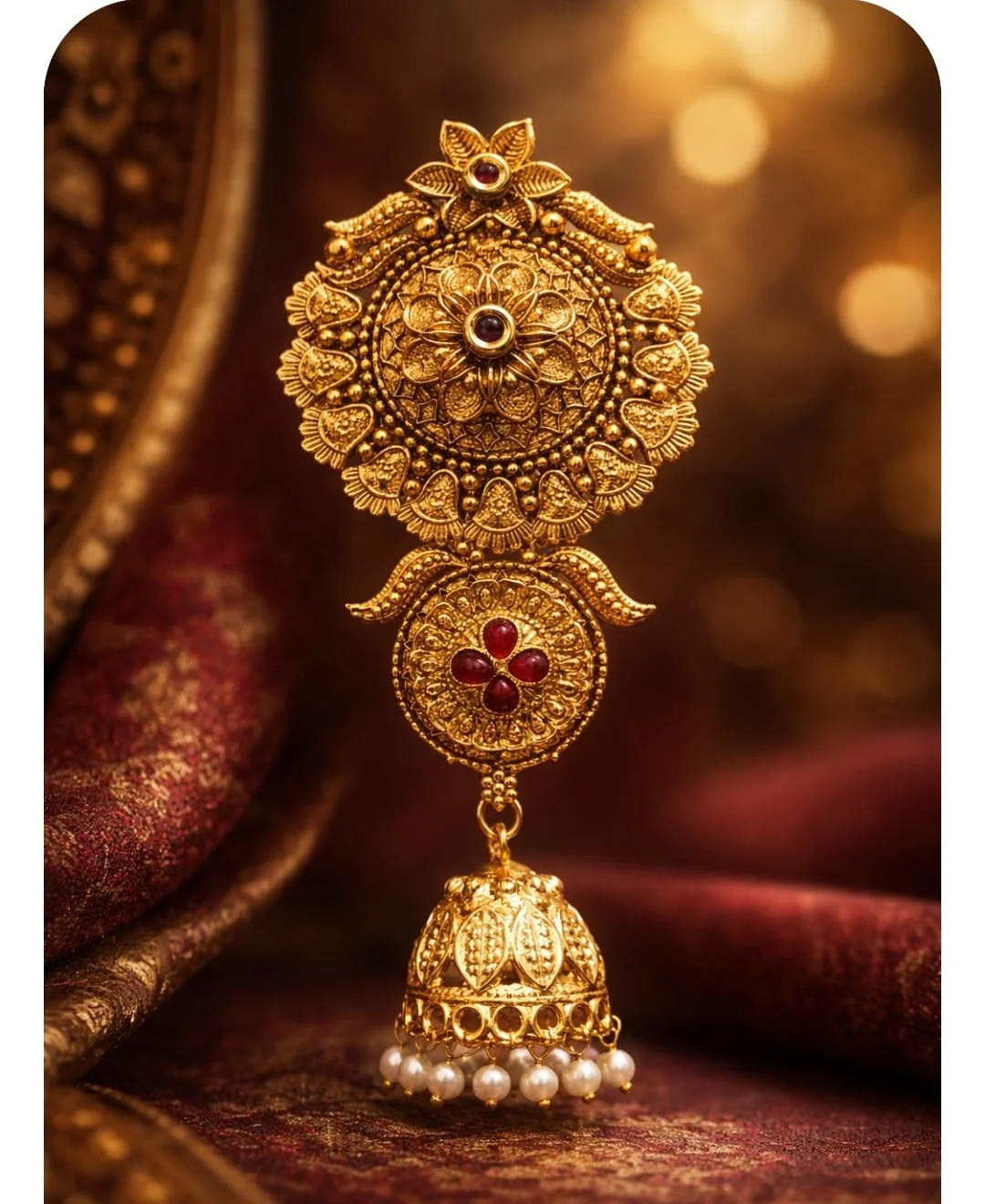 Matt Gold-Plated Peacock Inspired Floral Juda Pin with Ruby Stones and Pearl Drops Traditional Hair Accessory for Women Bridal Bun Jewellery Festive Wedding Juda Brooch image 2