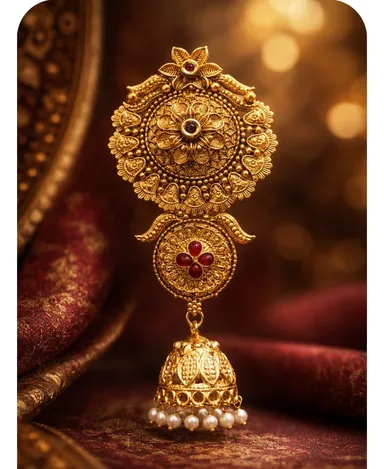 Matt Gold-Plated Peacock Inspired Floral Juda Pin with Ruby Stones and Pearl Drops Traditional Hair Accessory for Women Bridal Bun Jewellery Festive Wedding Juda Brooch thumbnail 2