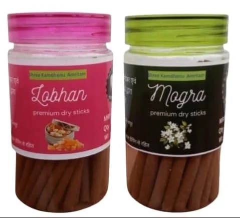 Shree Kamdhenu Amritam 100% Pure Natural Dry Dhoopbatti Made from Cow Dung | Long Lasting Pooja Dhoop Sticks for Daily Puja Diwali Festival Meditation Spiritual Rituals | Mogra & Lobhan Combo Pack image 1