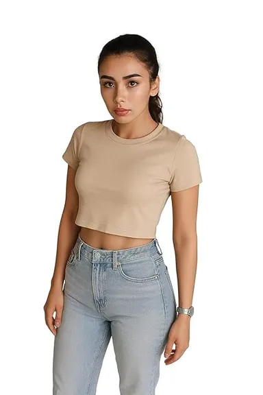 Women’s Casual Short Sleeve Crop Top Green Slim Fit Stretch T-Shirt for Summer Fashion Daily Wear Party Wear College Outfit Trendy Body Fit Western Top for Women Cream M thumbnail 0