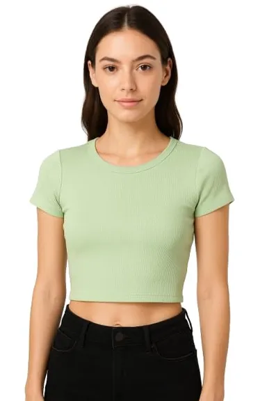 Women’s Casual Short Sleeve Crop Top Green Slim Fit Stretch T-Shirt for Summer Fashion Daily Wear Party Wear College Outfit Trendy Body Fit Western Top for Women Green M thumbnail 0