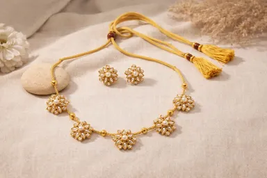 Elegant White Stone & Pearl Floral Necklace Set for Women and Girls Wedding Party Wear Jewellery with Traditional Designer Pearl Chain for Festive Bridal and Ethnic Wear thumbnail 0