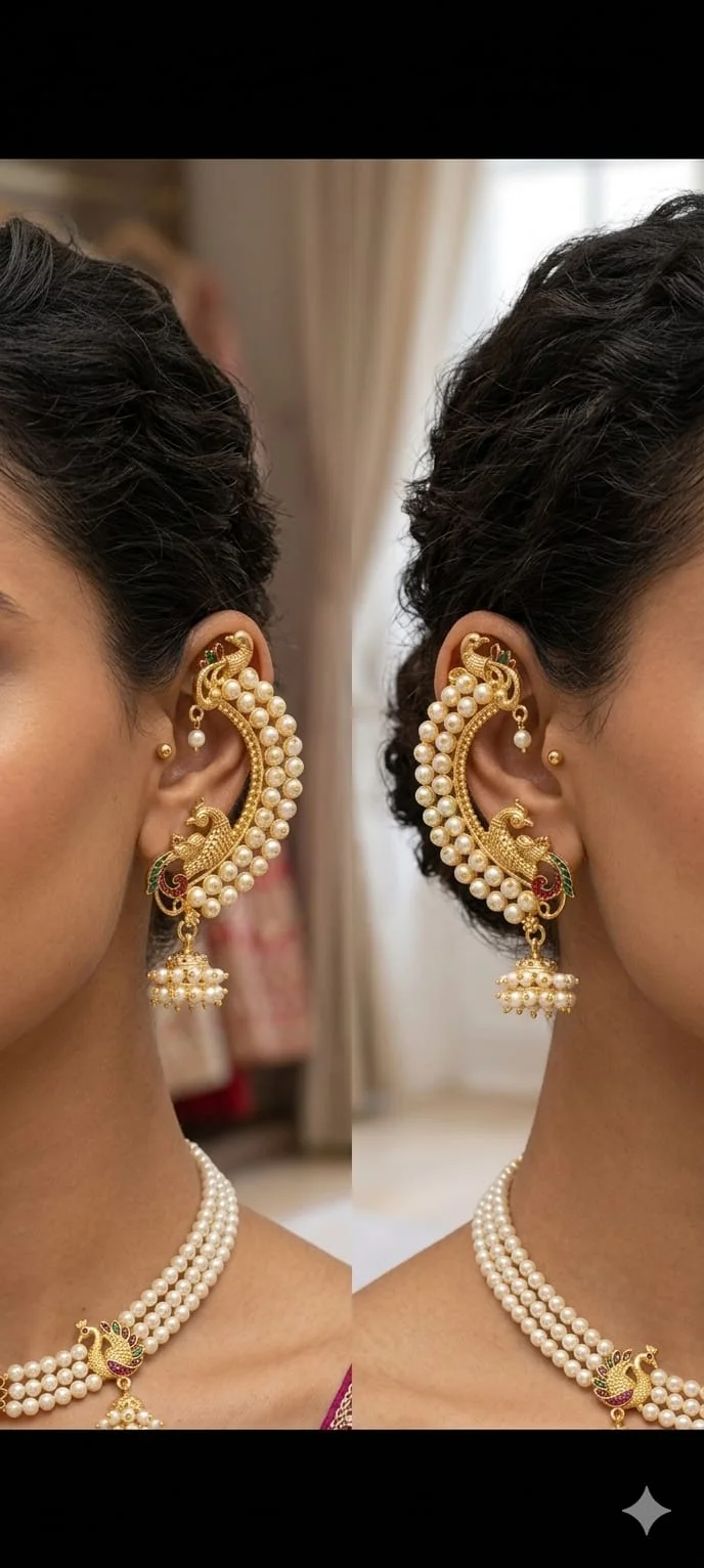 Ethnic Pearl Studded Full Ear Cuff Kaan Earrings with Jhumkis for Women Traditional Bridal Ear Chain Earrings for Wedding Festive Party Wear Jewellery image 2