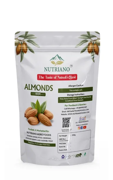Nutriano Premium California Almonds (Badam) 250g | Extra Bold & Crunchy | Rich in Protein, Fiber & Vitamin E | Healthy Dry Fruits thumbnail 1