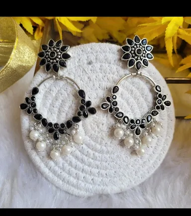 Oxidized Silver Chandbali Hoop Earrings for Women with Black Stones Pearl Drops Traditional Ethnic Boho Party Wear Jhumka Style Earrings for Girls thumbnail 1