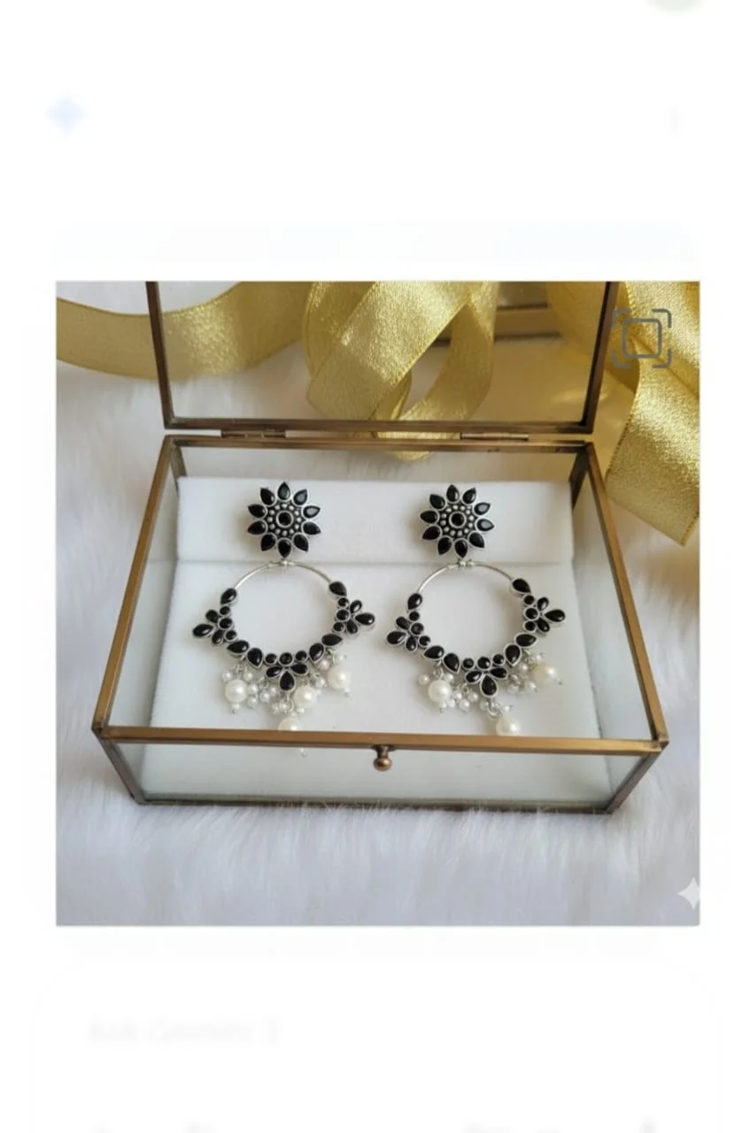 Oxidized Silver Chandbali Hoop Earrings for Women with Black Stones Pearl Drops Traditional Ethnic Boho Party Wear Jhumka Style Earrings for Girls image 3