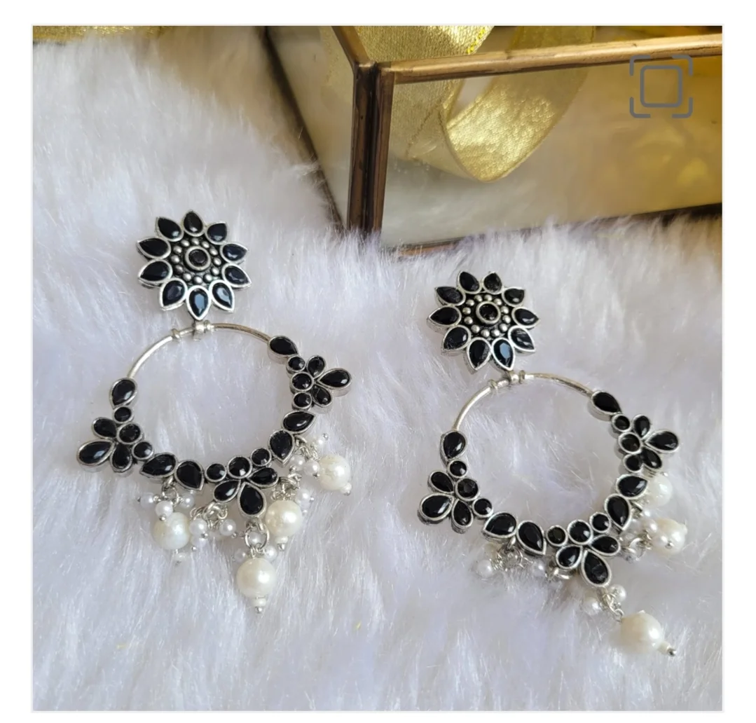 Oxidized Silver Chandbali Hoop Earrings for Women with Black Stones Pearl Drops Traditional Ethnic Boho Party Wear Jhumka Style Earrings for Girls image 1