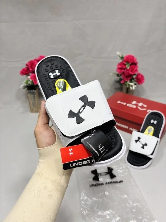 Under Armour Ignite Adjustable Strap Slides Black White Men’s Comfort Slippers Cushioned Sports Slides Lightweight Bathroom Pool Flip Flops Daily Wear Sandals Black White 6 UK image 1