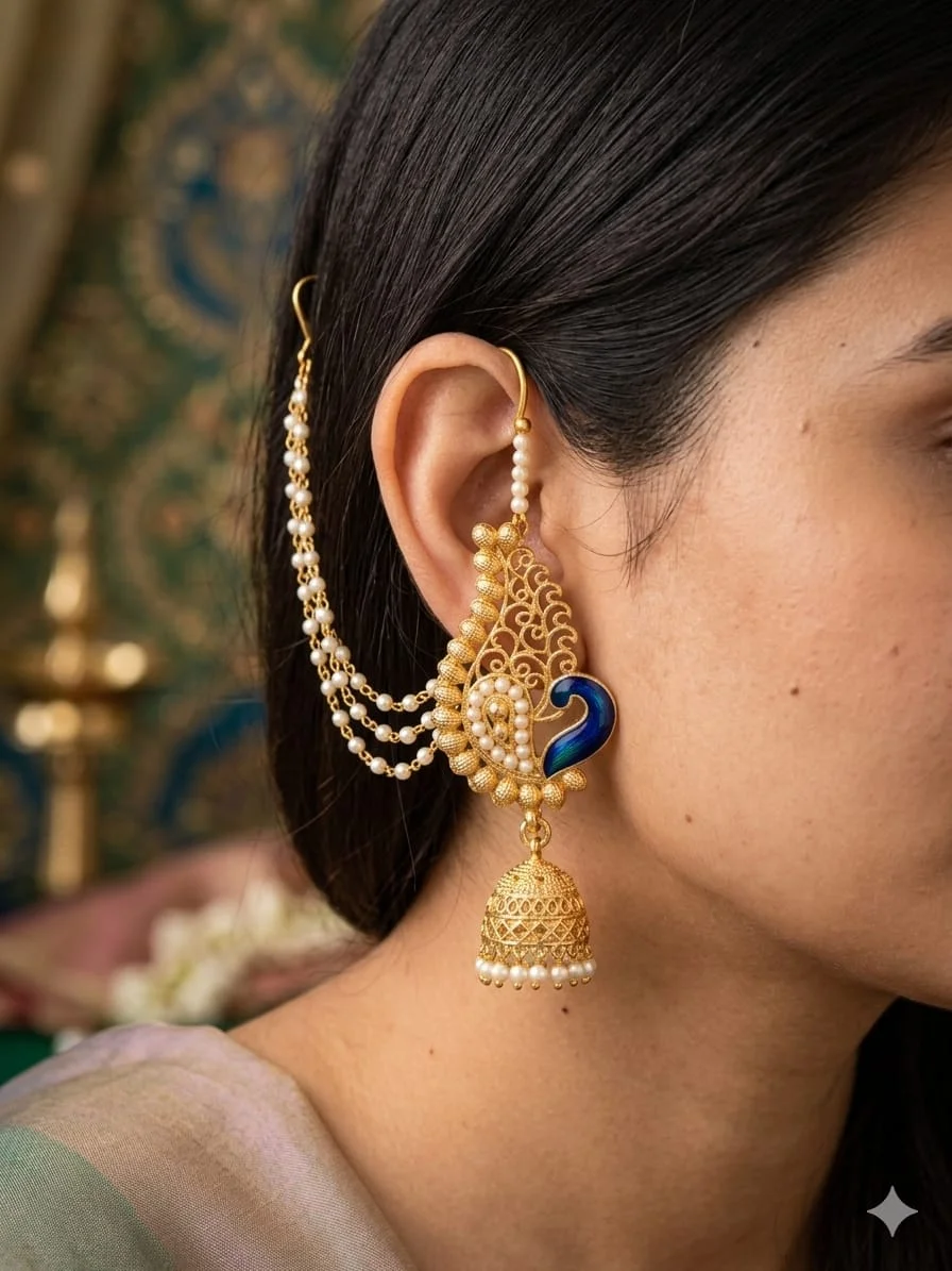Gold Plated Peacock Meenakari Jhumka Earrings for Women with Pearl Accents Traditional Ethnic Temple Style Party Wear Earrings for Girls image 3