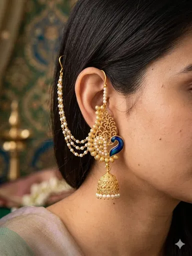 Gold Plated Peacock Meenakari Jhumka Earrings for Women with Pearl Accents Traditional Ethnic Temple Style Party Wear Earrings for Girls thumbnail 2