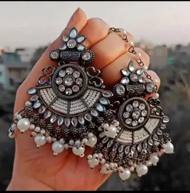 Oxidized Silver Bahubali Chandbali Earrings with Pearl Chain Sahare Heavy Kundan Ethnic Bridal Party Wear Earrings for Women and Girls thumbnail 1