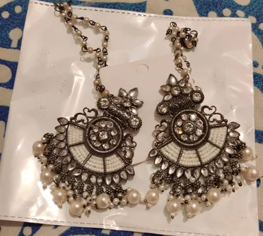 Oxidized Silver Bahubali Chandbali Earrings with Pearl Chain Sahare Heavy Kundan Ethnic Bridal Party Wear Earrings for Women and Girls thumbnail 2